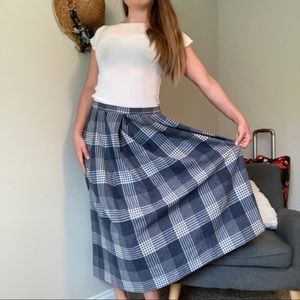 Vintage 80s Pleated Ankle Length Blue Checker Print Spring Skirt